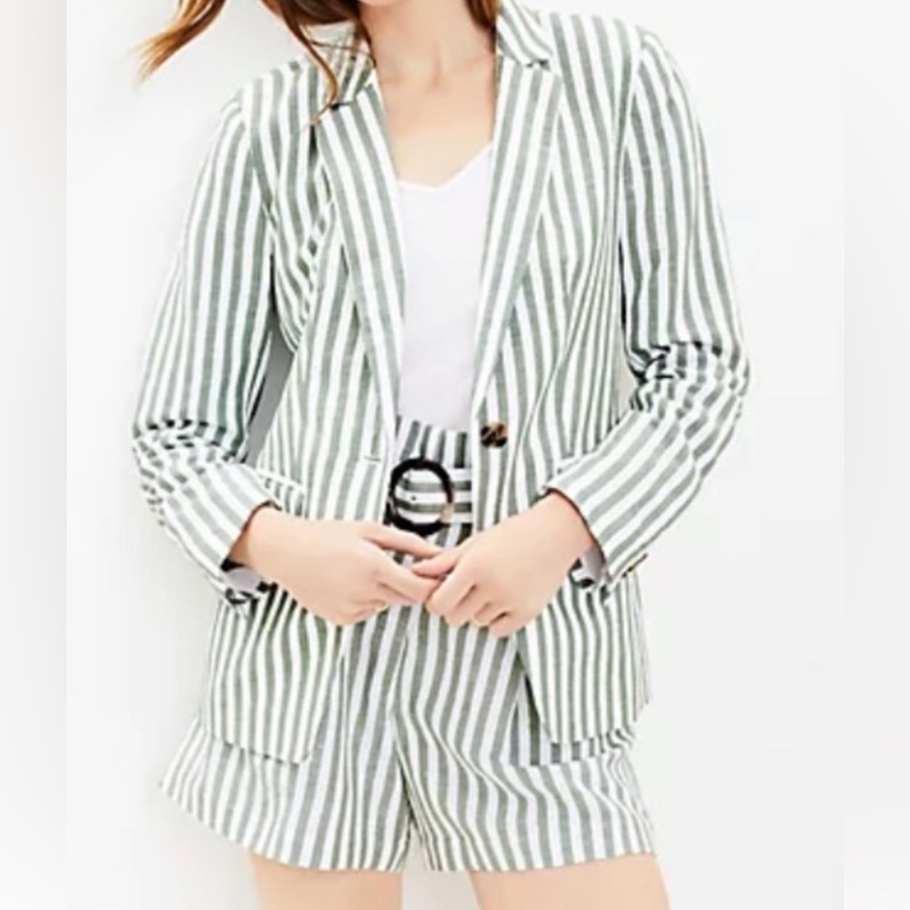LOFT Green and White Striped Blazer and Shorts Set